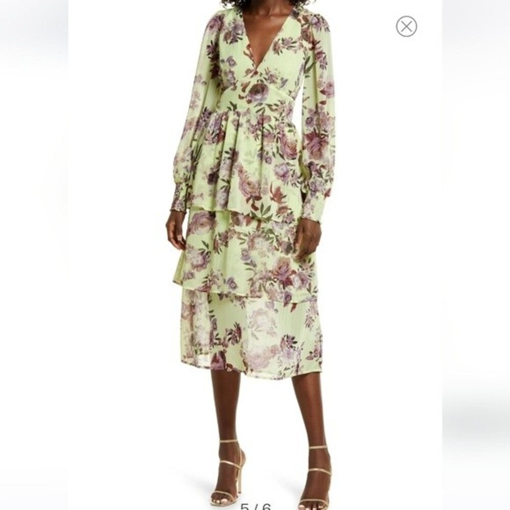 FOURTEENTH PLACE Ella Long Sleeve Chiffon Tiered Maxi dress in yellow bouquet XL